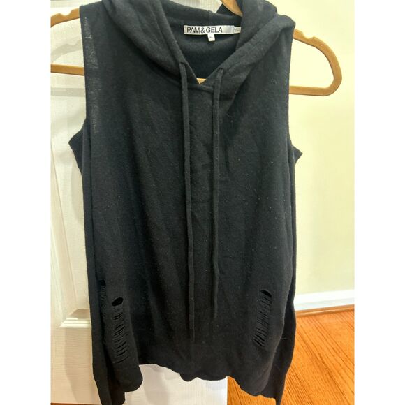 Pam & Gela Distressed Cold Shoulder Hoodie Black Medium - Picture 4 of 6